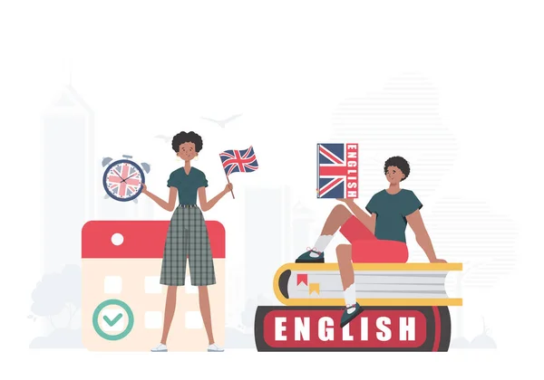 Concept Learning English Woman Man English Teachers Trendy Flat Style — Stok Vektör