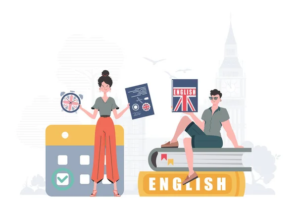 Concept Learning English Woman Man English Teachers Trendy Cartoon Style — ストックベクタ