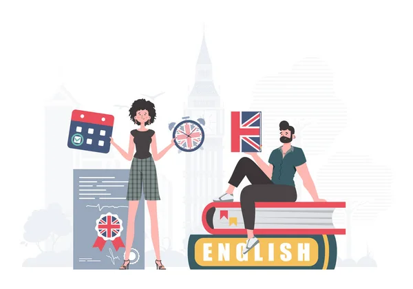 Concept Learning English Woman Man English Teachers Trendy Cartoon Style — Vettoriale Stock