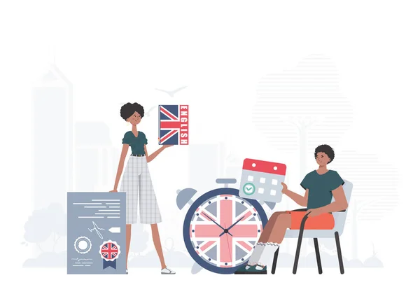 English Language Team Concept Learning English Trendy Style Illustration Vector — Stok Vektör