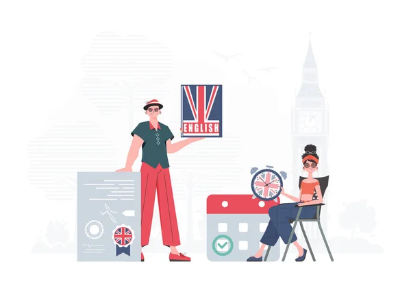 English Language Team Concept Learning English Flat Modern Style Vector — Stockvector