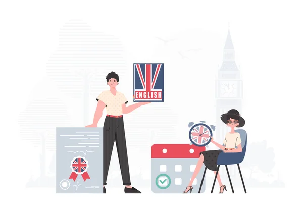 English Language Team Concept Learning English Flat Modern Style Illustration — Vettoriale Stock