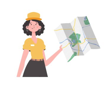 Girl delivery operator with a map in her hands. The character is depicted to the waist. Isolated on white background. Vector.