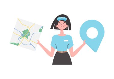 Girl delivery operator with a map in her hands. The character is depicted to the waist. Isolated. Vector illustration.