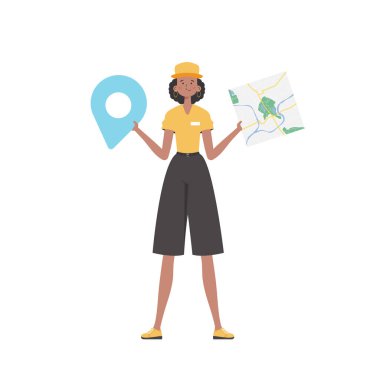 Girl water delivery operator holding a map. The trendy character is depicted in full growth. Isolated. Vector.