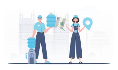 Water Delivery Team. Cartoon trendy style. Vector illustration.