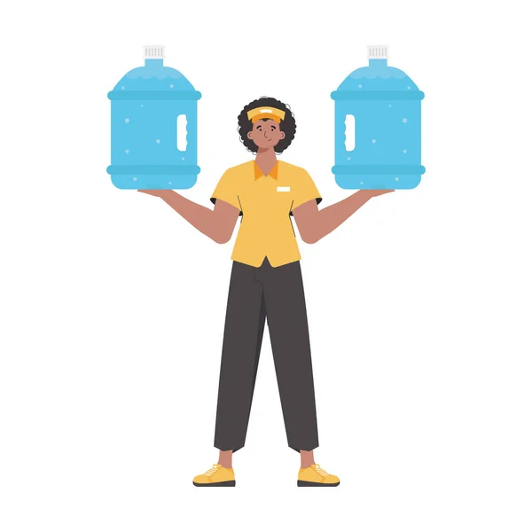 Man Holding Bottle Water Delivery Concept Stylish Character Depicted Full — Archivo Imágenes Vectoriales