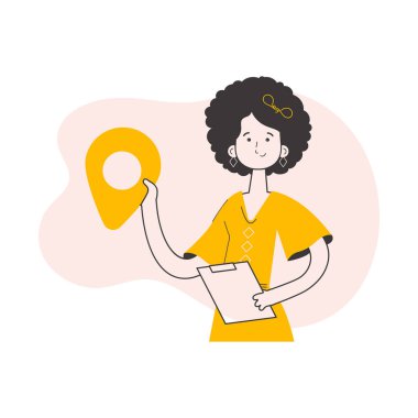 Girl Courier holding tablet and geolocation tag. Trendy style line art. Vector illustration.