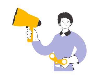 The guy holds a mouthpiece and binoculars in his hands. Job Search Theme. H.R. Linear modern style. Isolated. Vector.