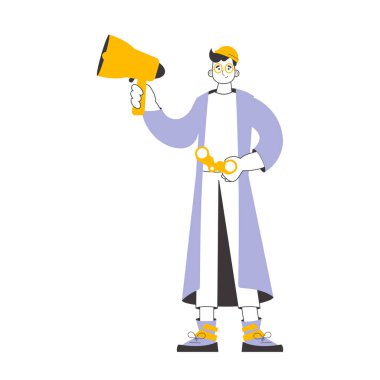 A man holds a mouthpiece and binoculars in his hands. Job Search Theme. H.R. Linear style. Isolated. Vector.