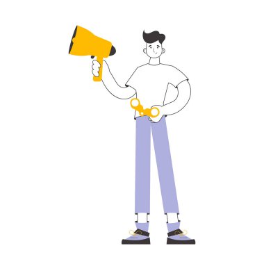 The guy holds a mouthpiece and binoculars in his hands. Job Search Theme. H.R. Linear trendy style. Isolated. Vector.