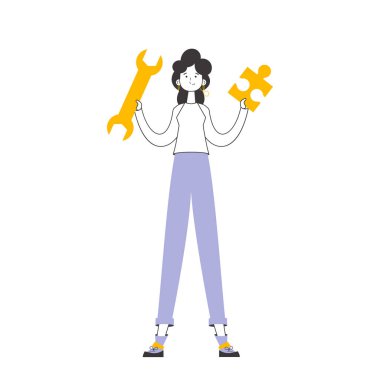 The girl is holding a wrench and a puzzle. Teamwork theme. Linear modern style. Isolated. Vector.