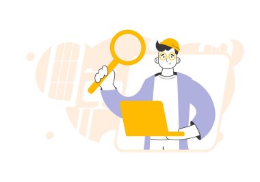The guy holds a magnifying glass and a laptop in his hands. Job Search Theme. H.R. Linear style.