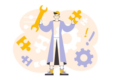 A man is holding a wrench and a puzzle. Teamwork theme. Linear style.