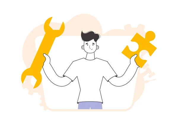 Man Holding Wrench Puzzle Teamwork Theme Linear Trendy Style —  Vetores de Stock