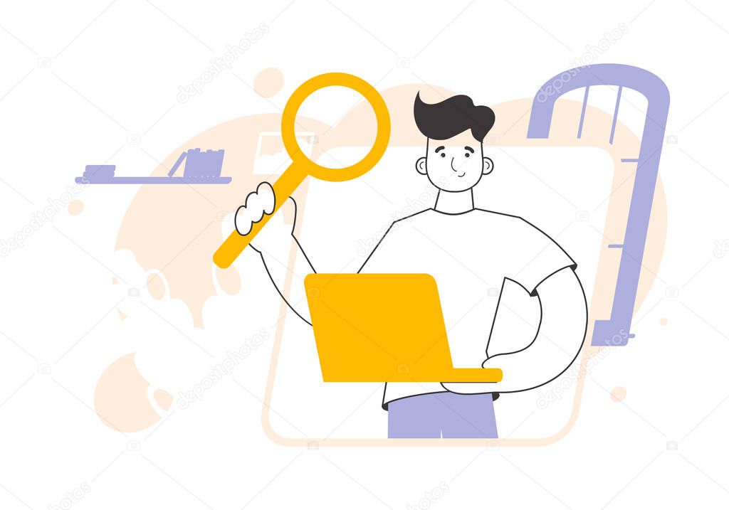 A man holds a magnifying glass and a laptop in his hands. Job Search Theme. H.R. Linear trendy style.