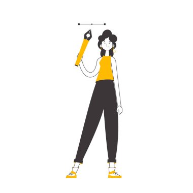 The girl designer holds a pen tool for 2D graphics in her hand. Linear trendy style. Isolated on white background. Vector.
