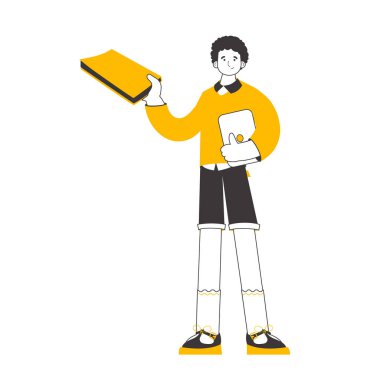 The guy holds a book and a laptop in his hands. Line art style. Isolated on white background. Vector.