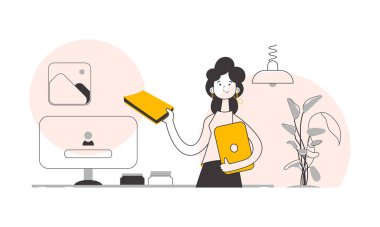 The girl is holding a book and a laptop in her hands. Line art style. Vector illustration.