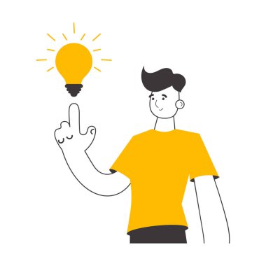 Man and light bulb. Idea concept. Vector. Isolated on white background. Line art style.