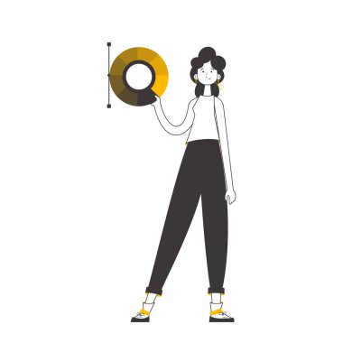 Girl designer holds a color wheel in her hands. Lines modern style. Isolated. Vector illustration.