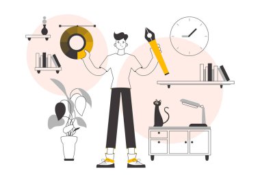 The designer guy holds a color wheel in his hands. Line art style. Vector.