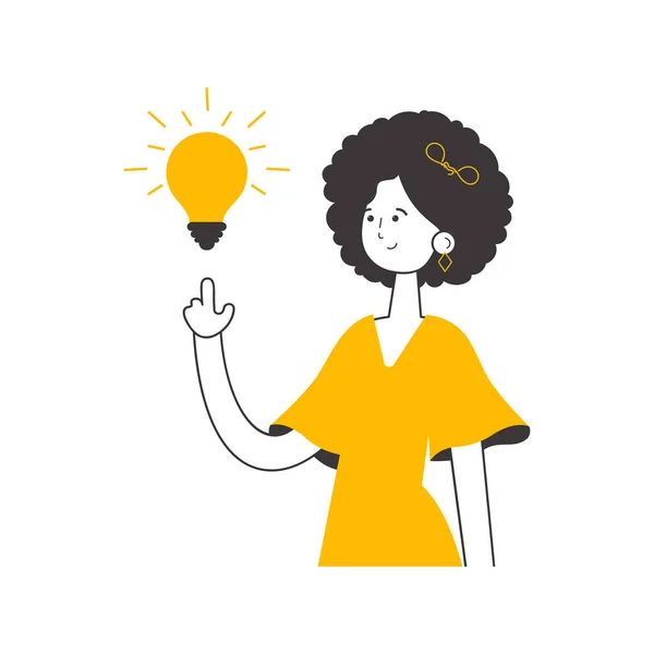 Girl Light Bulb Idea Concept Vector Illustration Isolated Line Art — Stockvektor