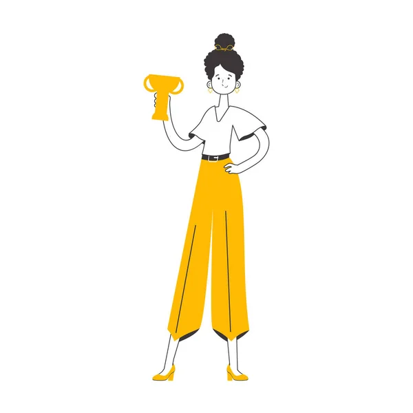 Woman Holding Goblet Line Art Style Isolated White Background Vector — Stockvektor