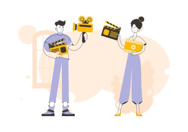 Blog ekibi. Doğrusal stil. Vektör illüstrasyonu.