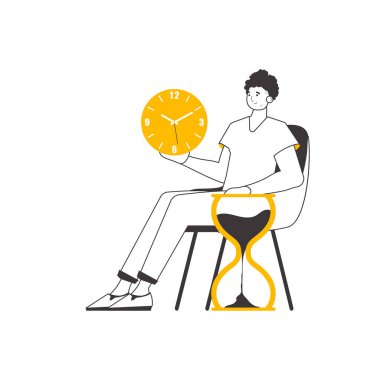 Adamın elinde bir saat var. Zaman yönetimi konsepti. Modern doğrusal stil. İzole edilmiş. Vektör illüstrasyonu.