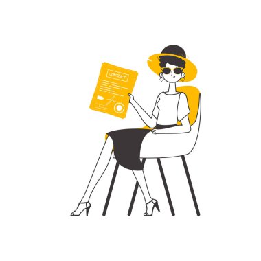 Sözleşmeyi elinde tutan bir kadın. Modern doğrusal stil. İzole edilmiş. Vektör illüstrasyonu.