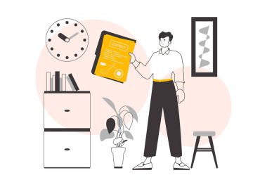 Adamın elinde bir kontrat var. Lineart minimalist stili. Vektör illüstrasyonu.