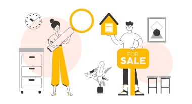 Emlakçı takımı. Modern doğrusal stil. Vektör.