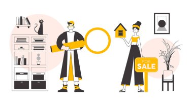 Emlakçı takımı. Lineart modaya uygun. Vektör.