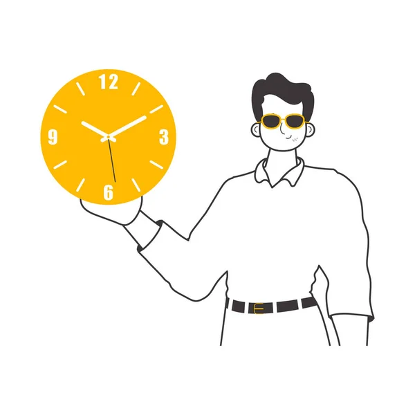 Homem Está Segurar Relógio Conceito Gestão Tempo Lineart Isolado Ilustração — Vetor de Stock
