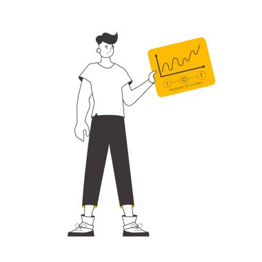 Adam IOT logosunu elinde tutuyor. Doğrusal trend tarzı. İzole edilmiş. Vektör illüstrasyonu.