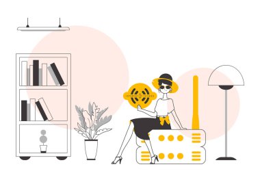 Kız IOT logosunu elinde tutuyor. Doğrusal modern tarz. Vektör illüstrasyonu.