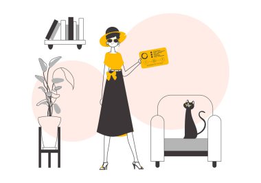 Kız elinde logonun internetini tutuyor. Lineart tarzı. Vektör illüstrasyonu.