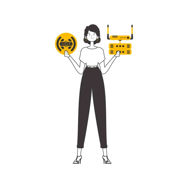 Mujer Sosteniendo Logo Iot Sus Manos Estilo Lineal Aislado Vector — Archivo Imágenes Vectoriales