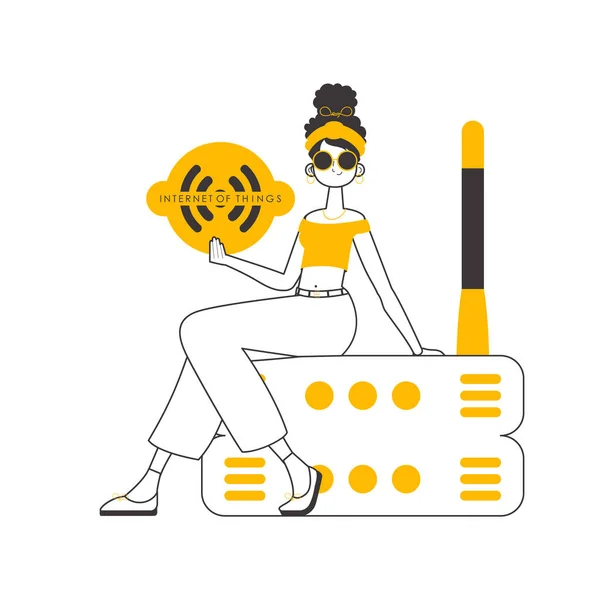 Kobieta Trzymająca Logo Iot Rękach Liniowy Nowoczesny Styl Izolacja Białym — Wektor stockowy