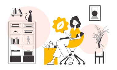 Ekolojik ürünler kavramı. Kızım, içinde ürünler ve ekolojik logo olan bir paket. Doğrusal trend biçimi.