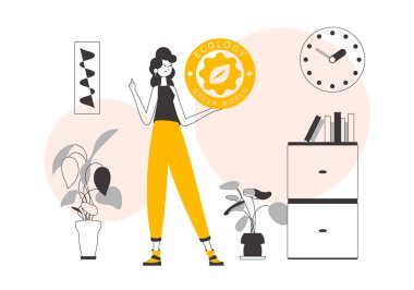 Kızın elinde yeşil dünya logosu var. Doğrusal modern biçim.