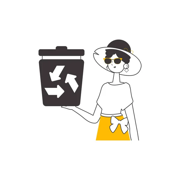 Dziewczyna Trzyma Kosz Śmieci Koncepcja Recyklingu Odpadów Liniowy Modny Styl — Wektor stockowy