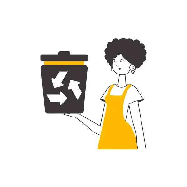 Una Mujer Sostiene Bote Basura Concepto Reciclaje Plástico Residuos Estilo — Archivo Imágenes Vectoriales