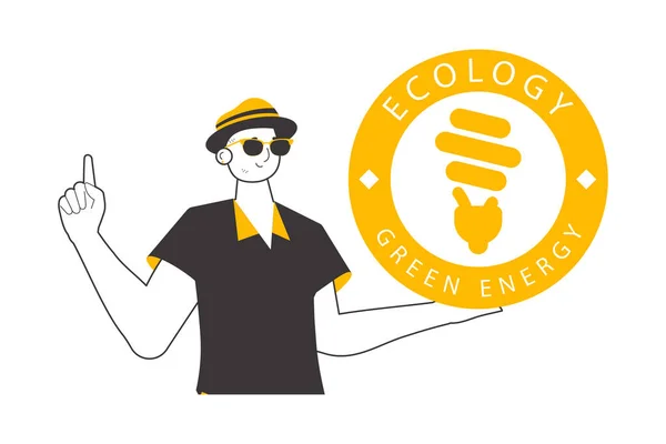 Tizio Tiene Mano Logo Dell Energia Verde Stile Lineare Isolato — Vettoriale Stock