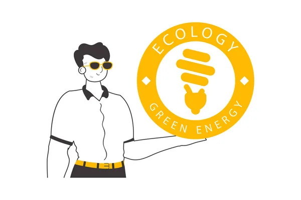 Gars Tient Logo Énergie Verte Dans Main Style Linéaire Tendance — Image vectorielle