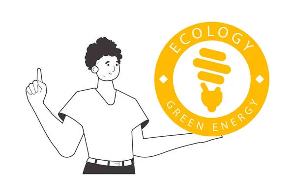 Hombre Tiene Logotipo Energía Verde Mano Estilo Lineal Aislado Sobre — Archivo Imágenes Vectoriales