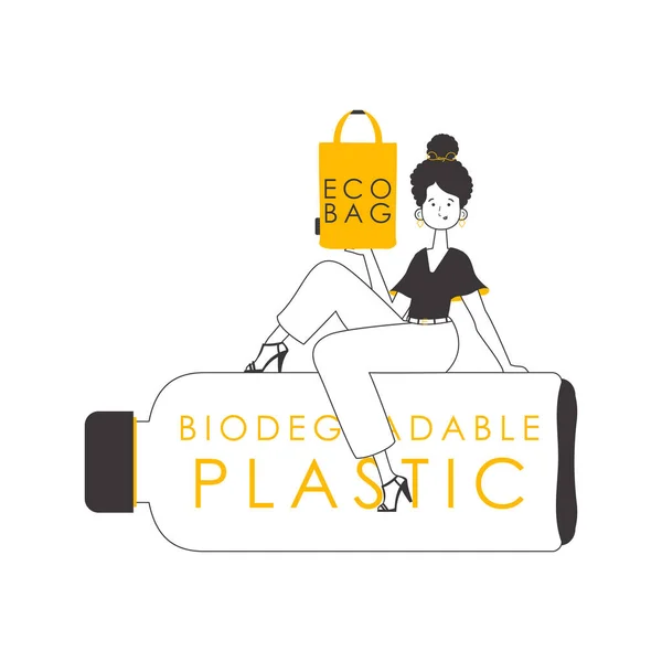 少女はエコパッケージを手に持っている 生態系のバッグやプラスチックの概念 線形トレンディーなスタイル 白い背景に隔離されている ベクターイラスト — ストックベクタ