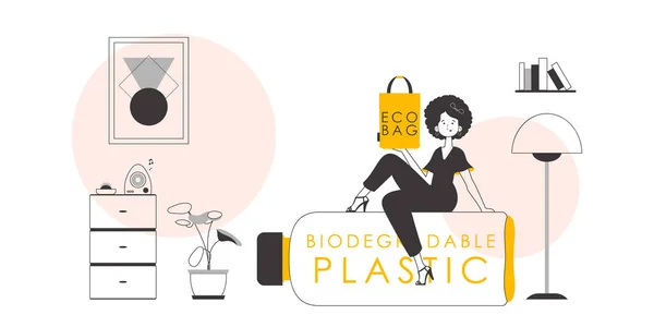 Begreppet Ekologiska Påsar Och Plast Flickan Håller Ett Miljöpaket Sina — Stock vektor