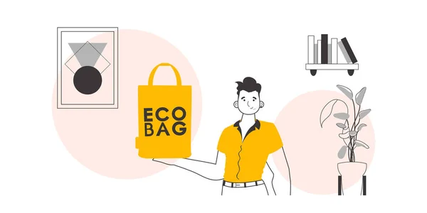 生态袋和塑料的概念 一个人手里拿着一个生态包裹 线性流行风格 — 图库矢量图片